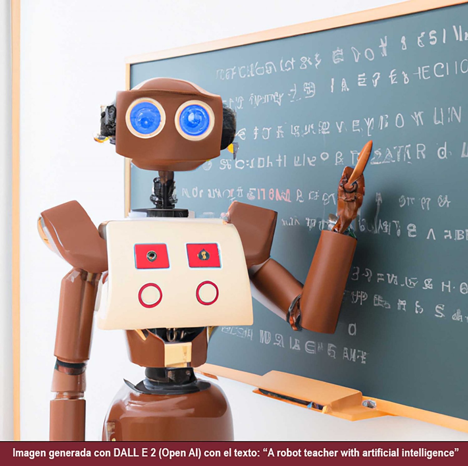 Imagen generada con DALL E 2 (Open AI) con el texto: “A robot teacher with artificial intelligence”