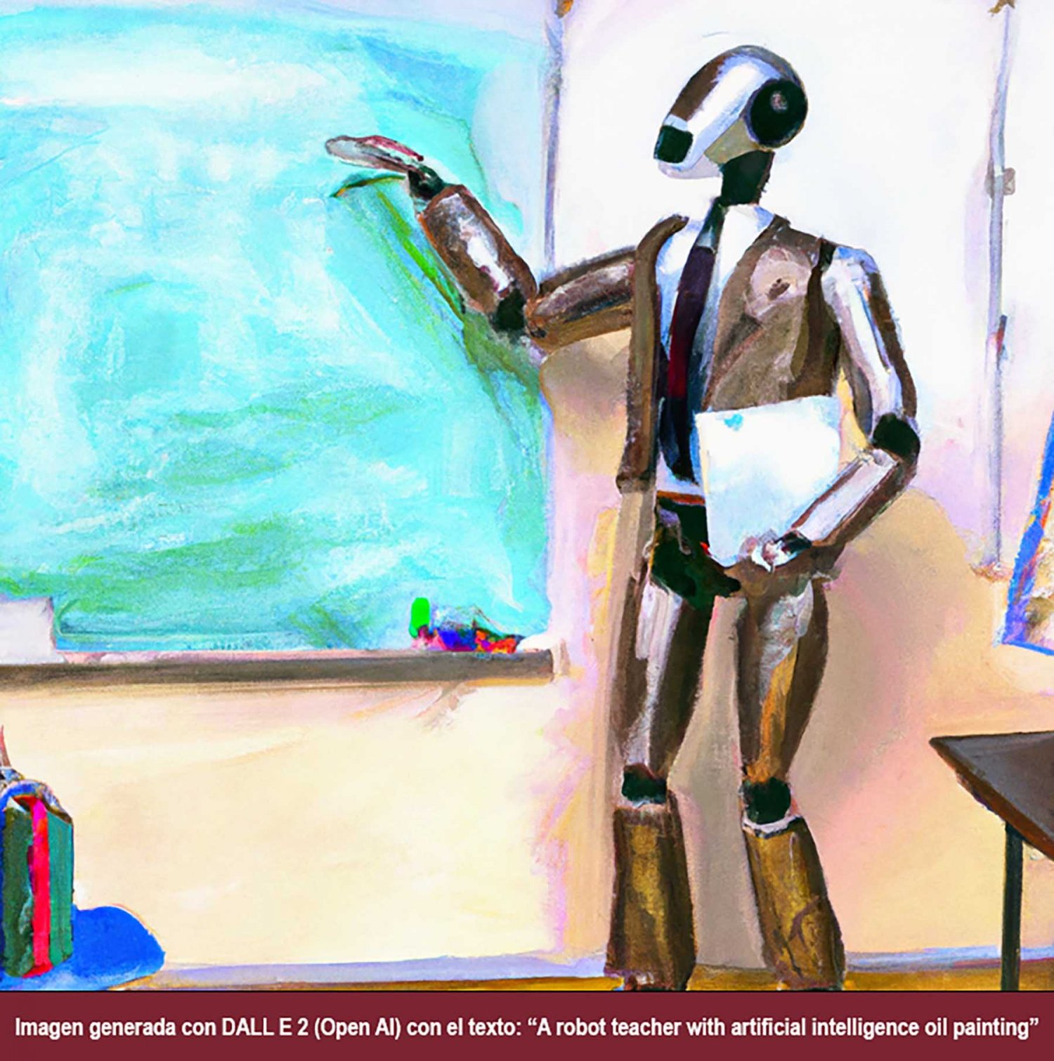 Imagen generada con DALL E 2 (Open AI) con el texto: “A robot teacher with artificial intelligence oil painting”